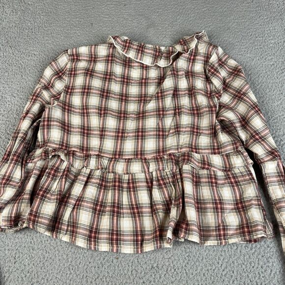 American Eagle Blouse Women Large Red Pink Plaid Peplum Tunic Waist Tie Bell Top - Picture 2 of 11